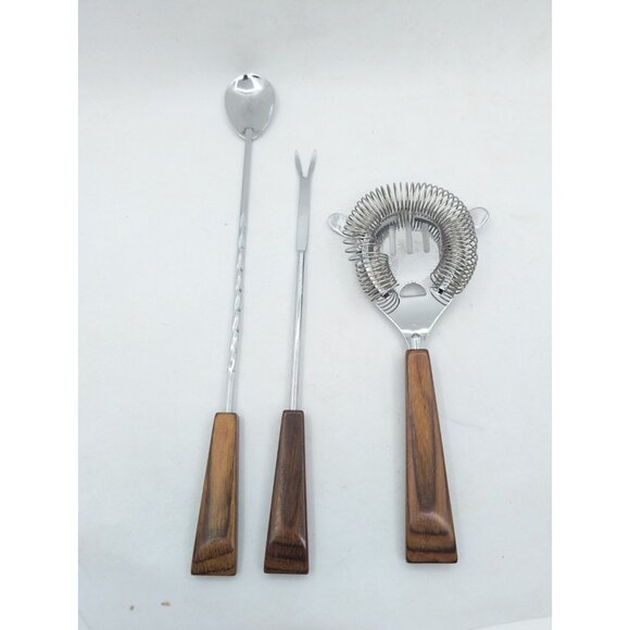 MCM 3 Barware strainer, Stirrer & fork pick faux wood handle bakelite? metal - Picture 13 of 15